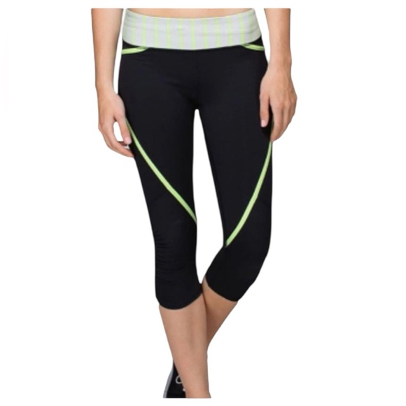 Women's Black and Green Athletic Capri Leggings - Picture 2 of 11